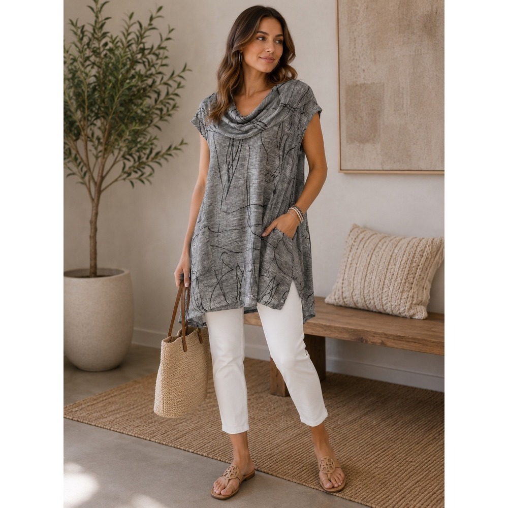 Match Point USA Grey Abstract Print Cowl Neck Linen Tunic Sleeveless Top Pockets